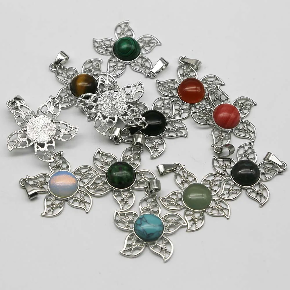 Quality Natural Stone Round Crystal Agate Alloy Hollow Petal Necklace Pendant Simple Fashion Jewelry Accessories Wholesale 12Pcs