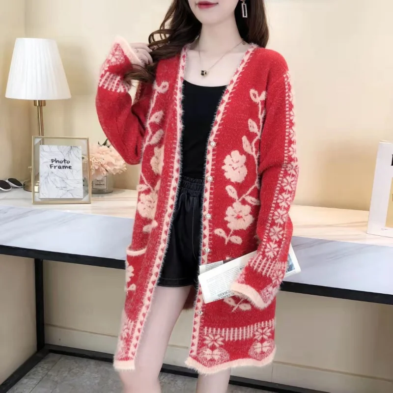 Cardigan Sweater Women's Knitwear Coat European and American Sexy Mid-Length Slim Knit Imitation Mink Wholesale