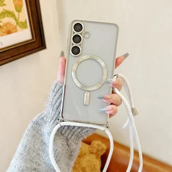 Magnetic Transparent Plating Crossbody Lanyard Phone Case with MagSafe - S23 Ultra (Silver w)