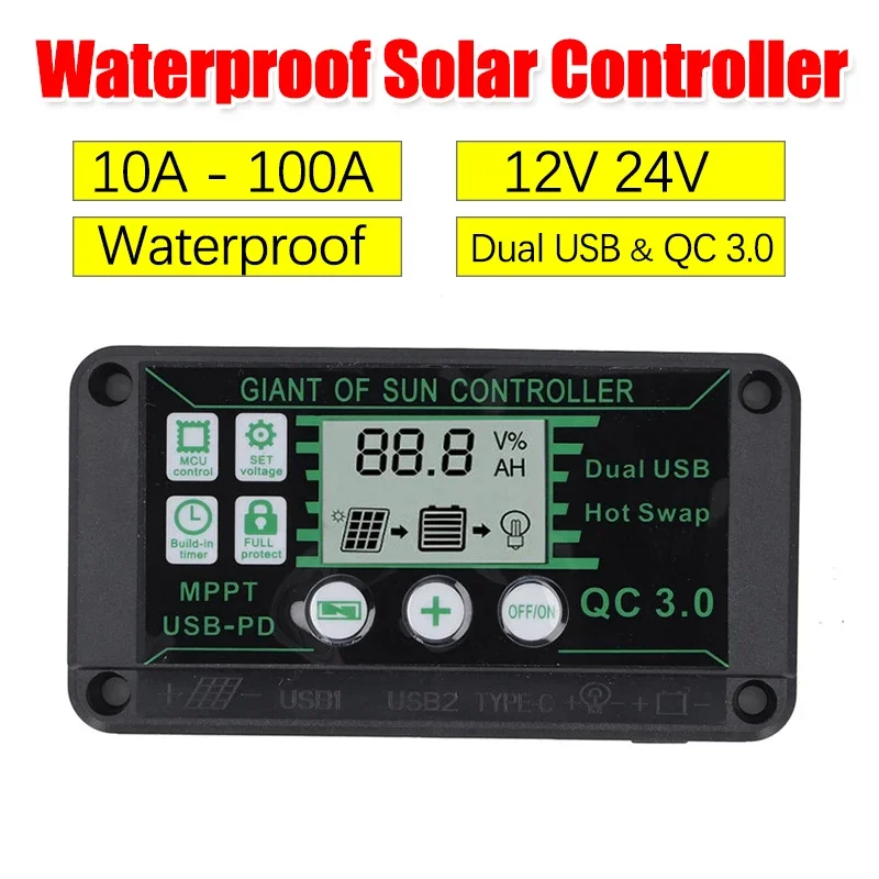 Prova Dágua Mppt Controlador de Carga Solar Dual Usb Auto Display Regulador do Painel Solar 10 20 30 40 50 80 90 100a 12v 24v à