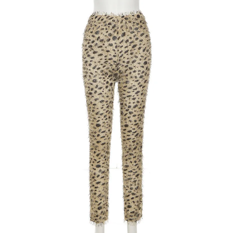 Fur Leopard Print Hight Waist Pants Skinny Bodycon Women Trousers Streetwear Club Fashion Pants 2023 New