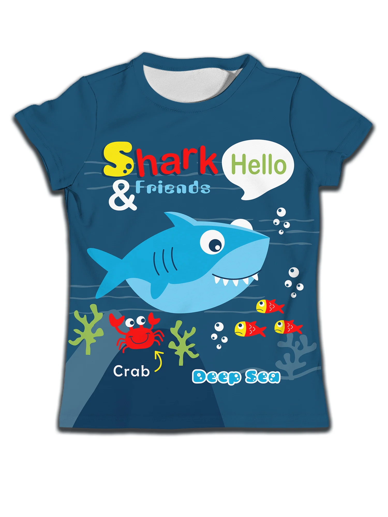 

Comfortable casual T-shirt for children cute cartoon shark print girls' short sleeved summer quick drying boys' blue clothes top