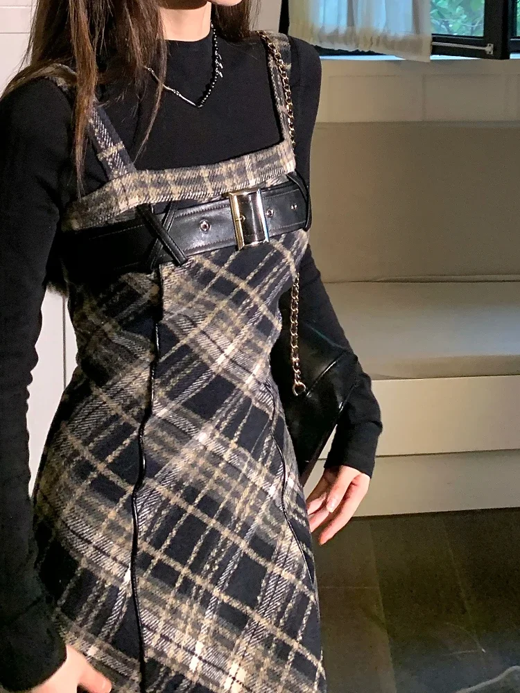2024 Autumn Elegant Plaid  2 Piece Dress Set Women Outwear Casual Black Blouse + Vintage Slim Strap Dress Korean Fashion Suit