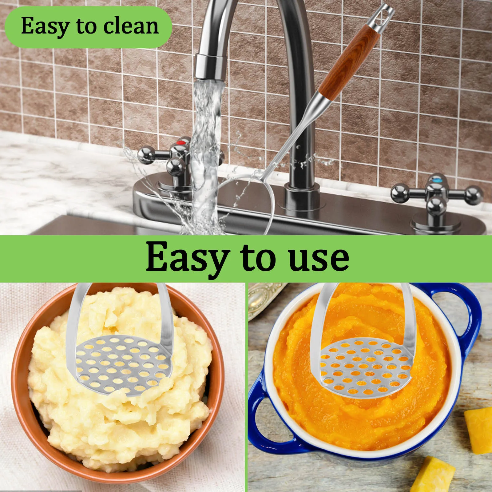 Stainless Steel Mashed Potato Masher Wood Handle Heavy Duty Potato Masher Integrated Kitchen Tool Avocado Beans Potato Masher