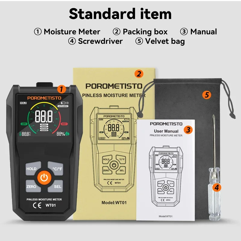 מד רטיבות ללא סיבים לעץ, קירות יבשים ובטון, מודד רטיבות עץ אינדוקטיבי עם תצוגת LCD בשלושה צבעים ואזעקה שמיעה