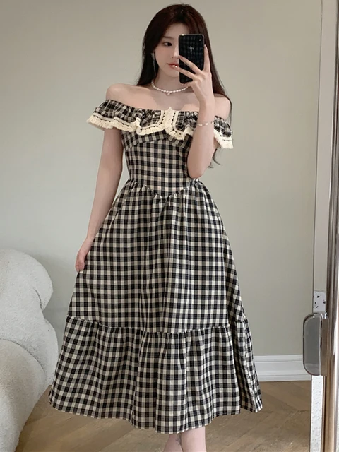 Casual Fashion Plaid Dress Women 2023 Summer New Vestidos Korean Elegant  Sweet Ruffles Sleeveless Party Dresses