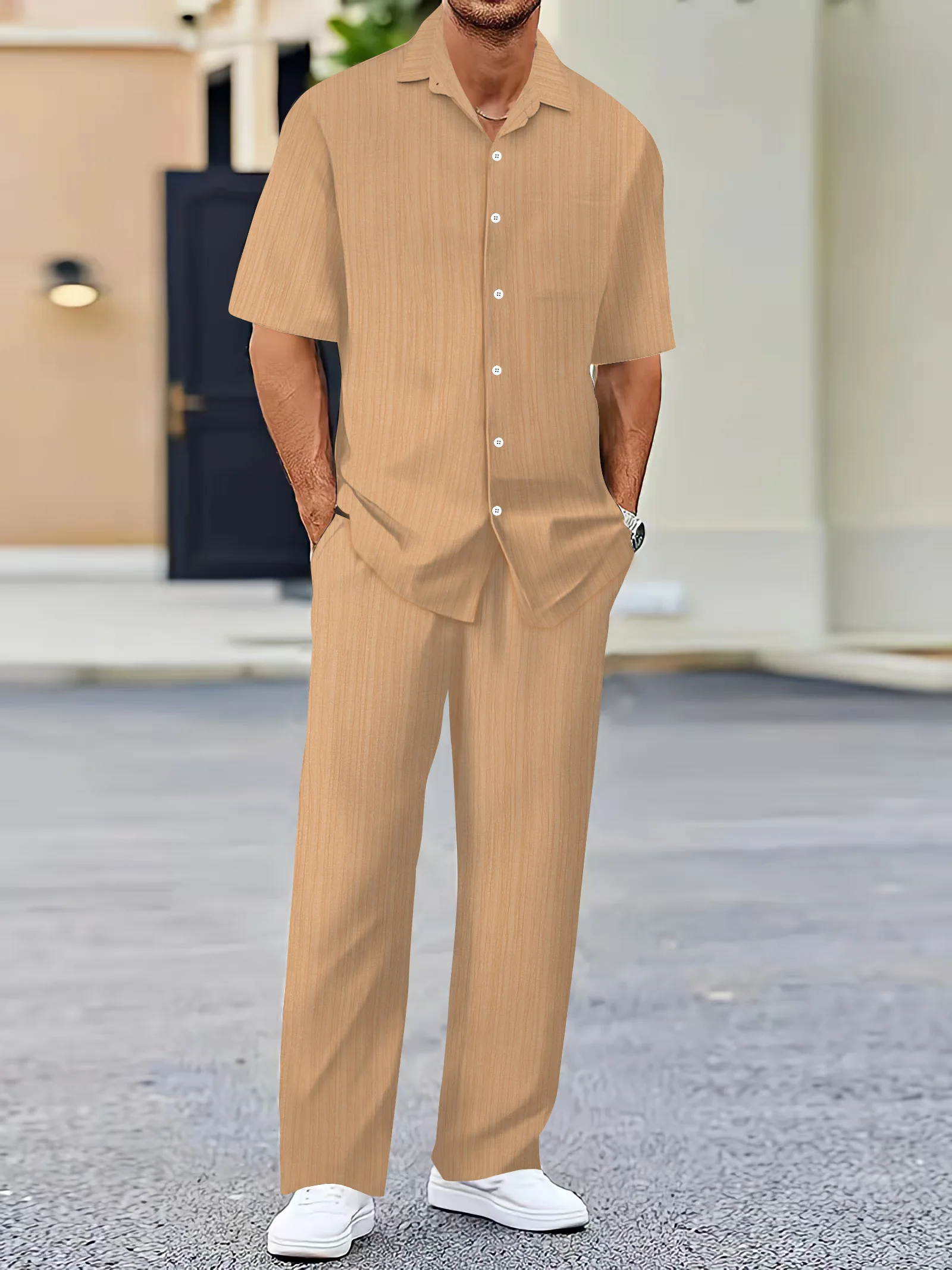European and American men's shirt set solid color vertical strip lapel short-sleeved casual pants home daily beach set 6