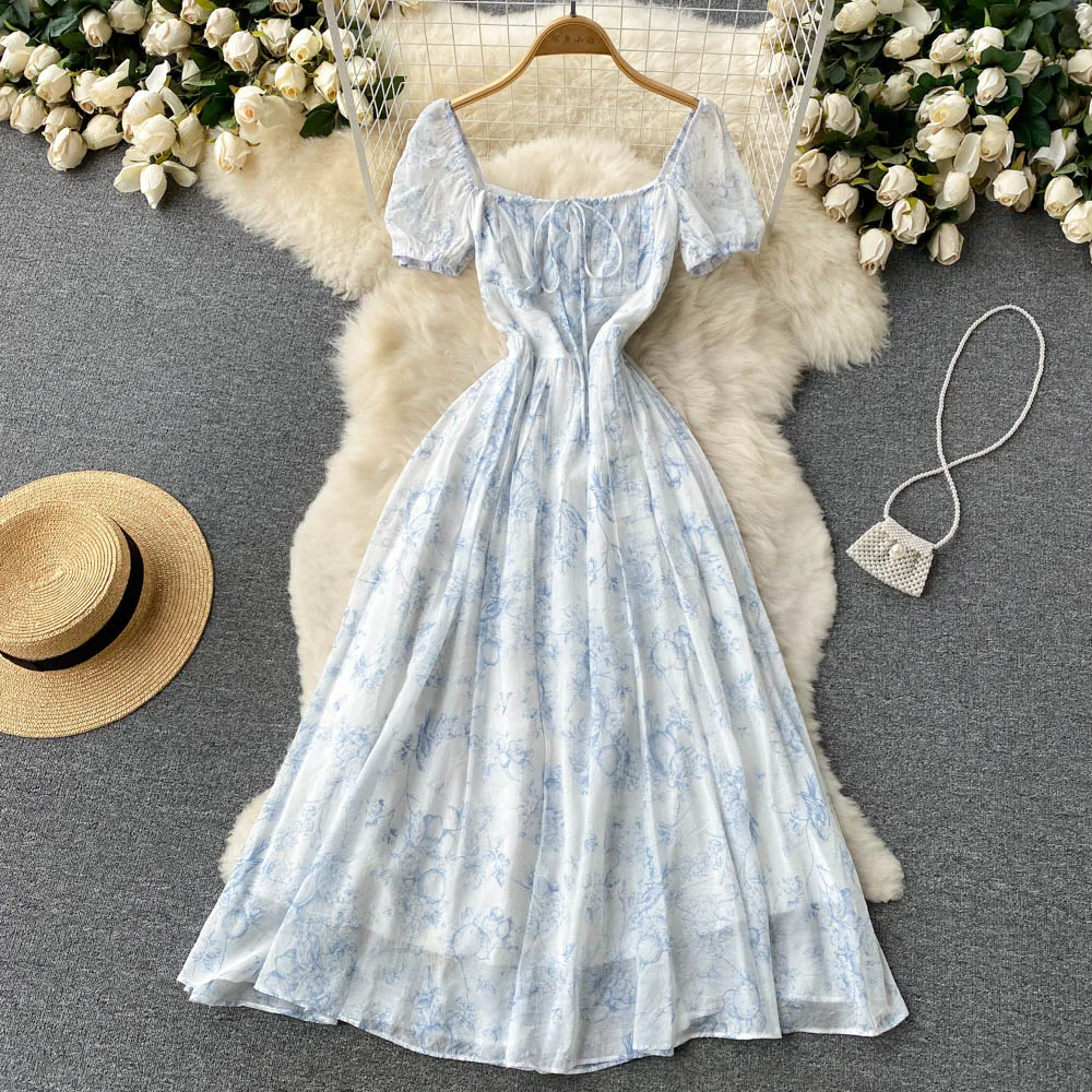 

French Retro Sweet Elegant Print Dress Basics Short Sleeve Casual Square Neck High Waist Women Summer Chiffon Dresses