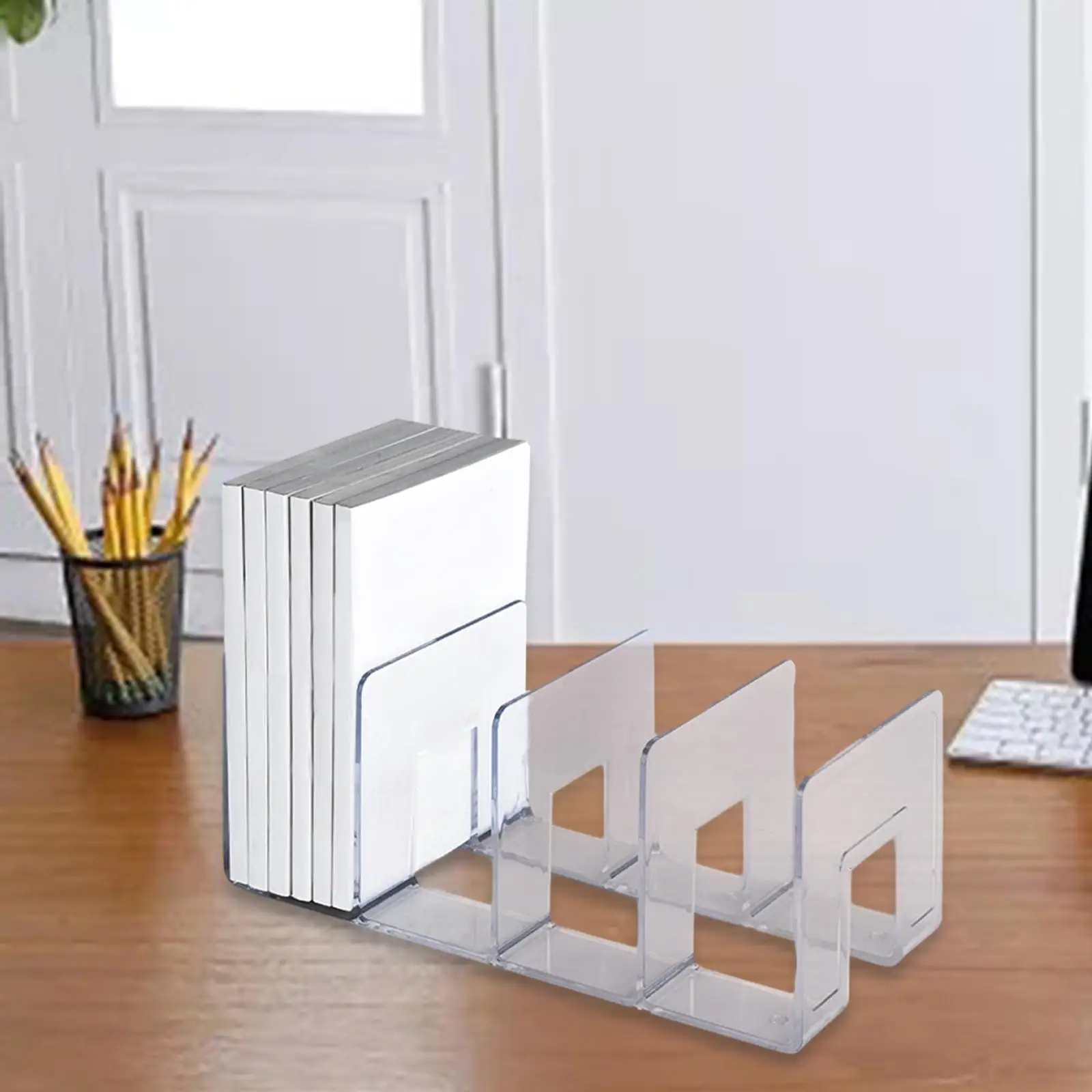 Acrylic Book Organizer Holder Stand 4 Compartment Bag Closet Shelf Divider Bookshelf Tabletop Transparent Four Frames