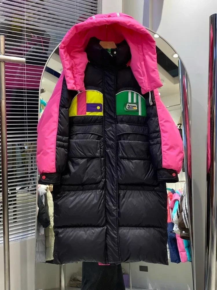 Mid-Length Down Jacket Winter High-Quality Thicken Loose Color Blocked Detachable Hat Trendy Warm White Duck Puffer Coat Women