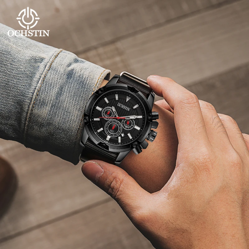OCHSTIN Original Luxury Nylon Fashion Black Watch For Men Luminous Calendar Brazil Style Student Analog Wristwatch
