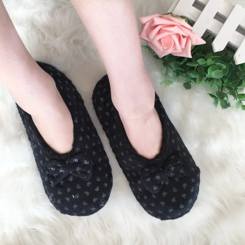 

Home Plush Slipper Womens Winter Room Warm Non Slip Bow Knot Grip Funny Indoor Fluffy Female Furry House Floor Shoes Flat Black