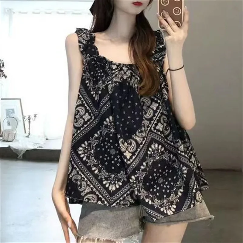 

Vintage Printed Loose Folds Sleeveless T-Shirt Female Clothing 2023 Summer New Oversized Casual Pullovers Office Lady Tee Shirt