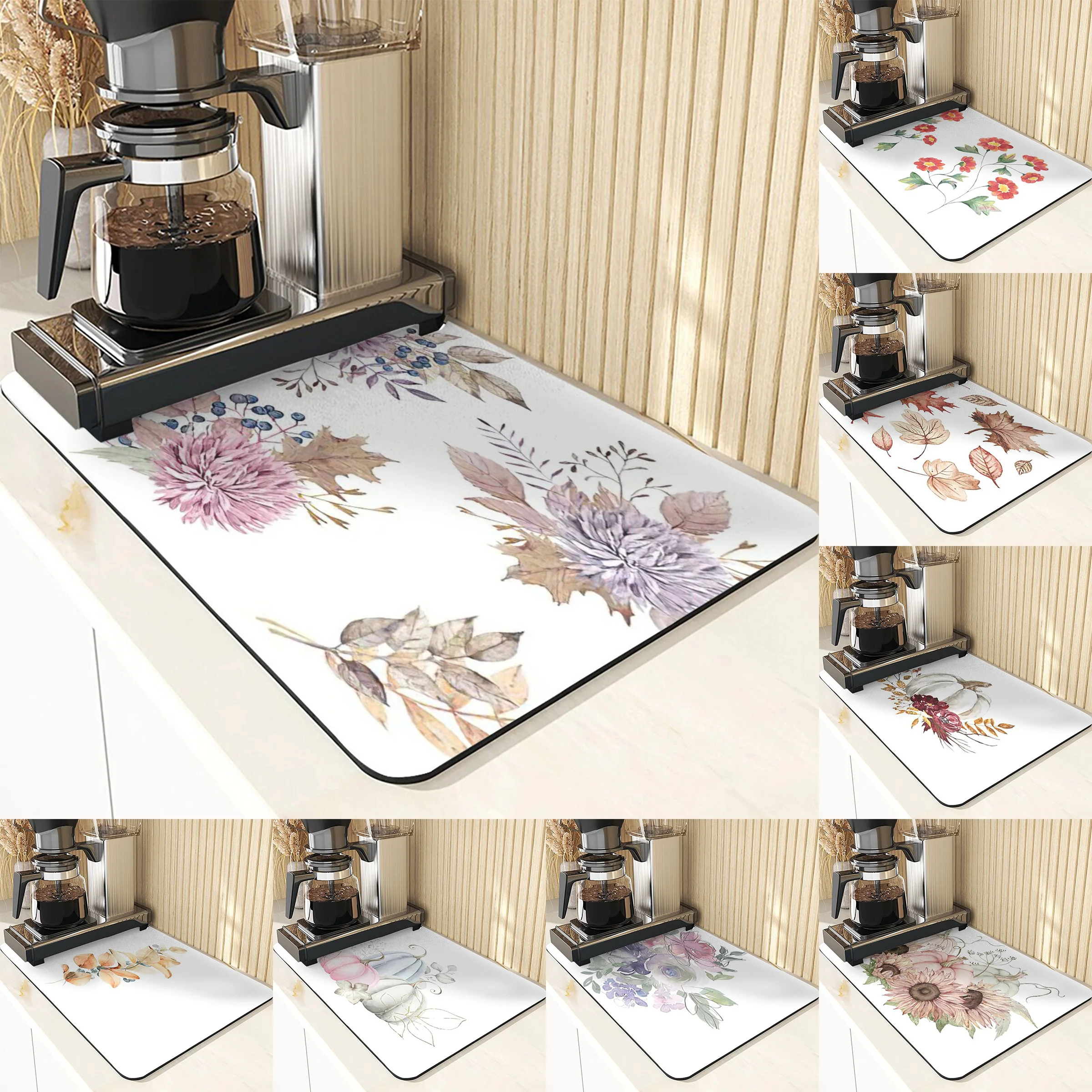 

Simple Flower Leaf Drain Mat Kitchen Countertop Pumpkin Harvest Absorbent Mat Non-Slip Thanksgiving Forest Tables Washable Mats