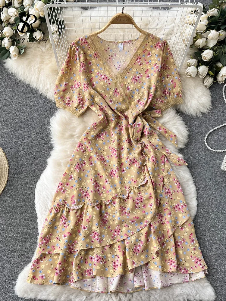 SINGREINY Summer Chiffon Floral Dress Women V neck Lace Bow Sweet Party Sundress Ladies Korean Print Flower Beach Midi Dress sheer bathing suit cover up