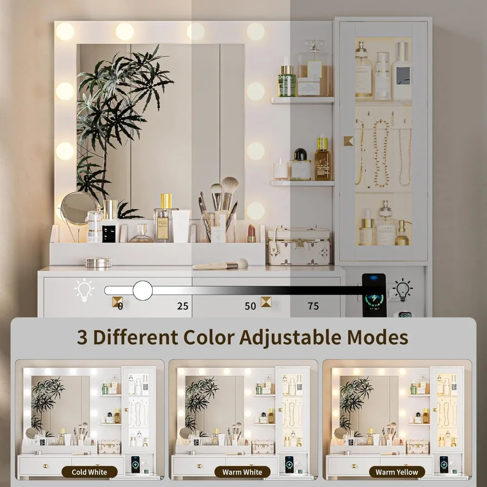 Vanity Desk with Mirror and Lights, White Makeup Vanity with 5 Drawers Hidden Jewelry Organizer& LED Glass Cabinet,3 Light Mode 4