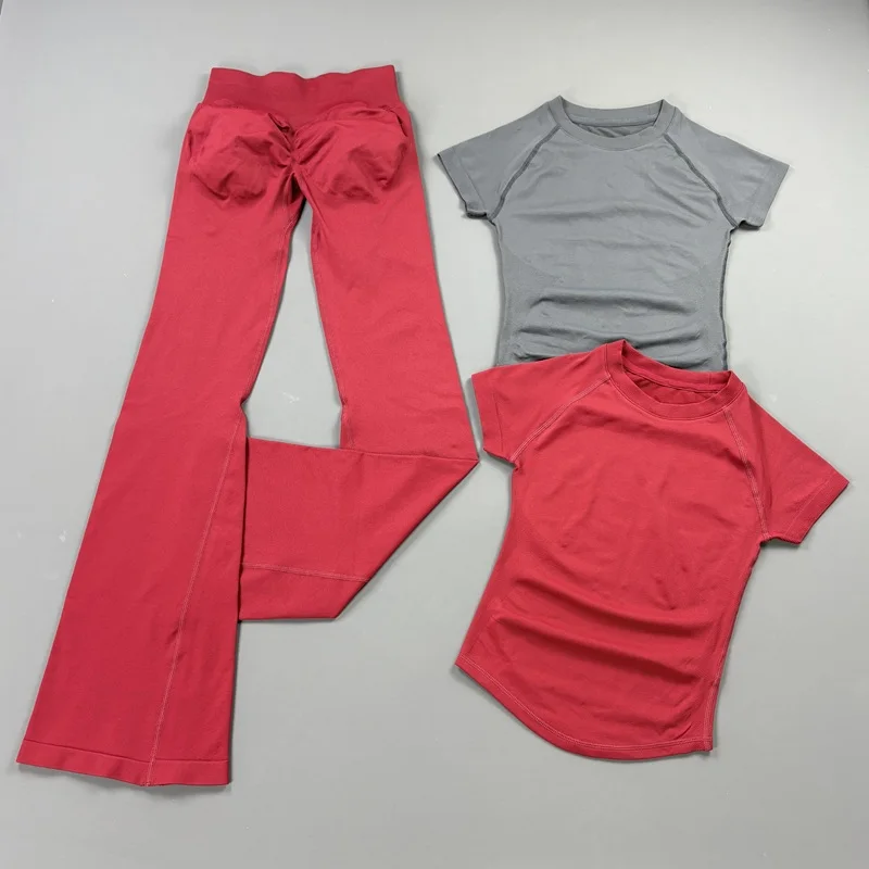 Ensemble 2 pièces de sport : haut moulant à manches courtes et pantalon évasé sans couture pour yoga, séchage rapide, idéal pour la gym et le sport