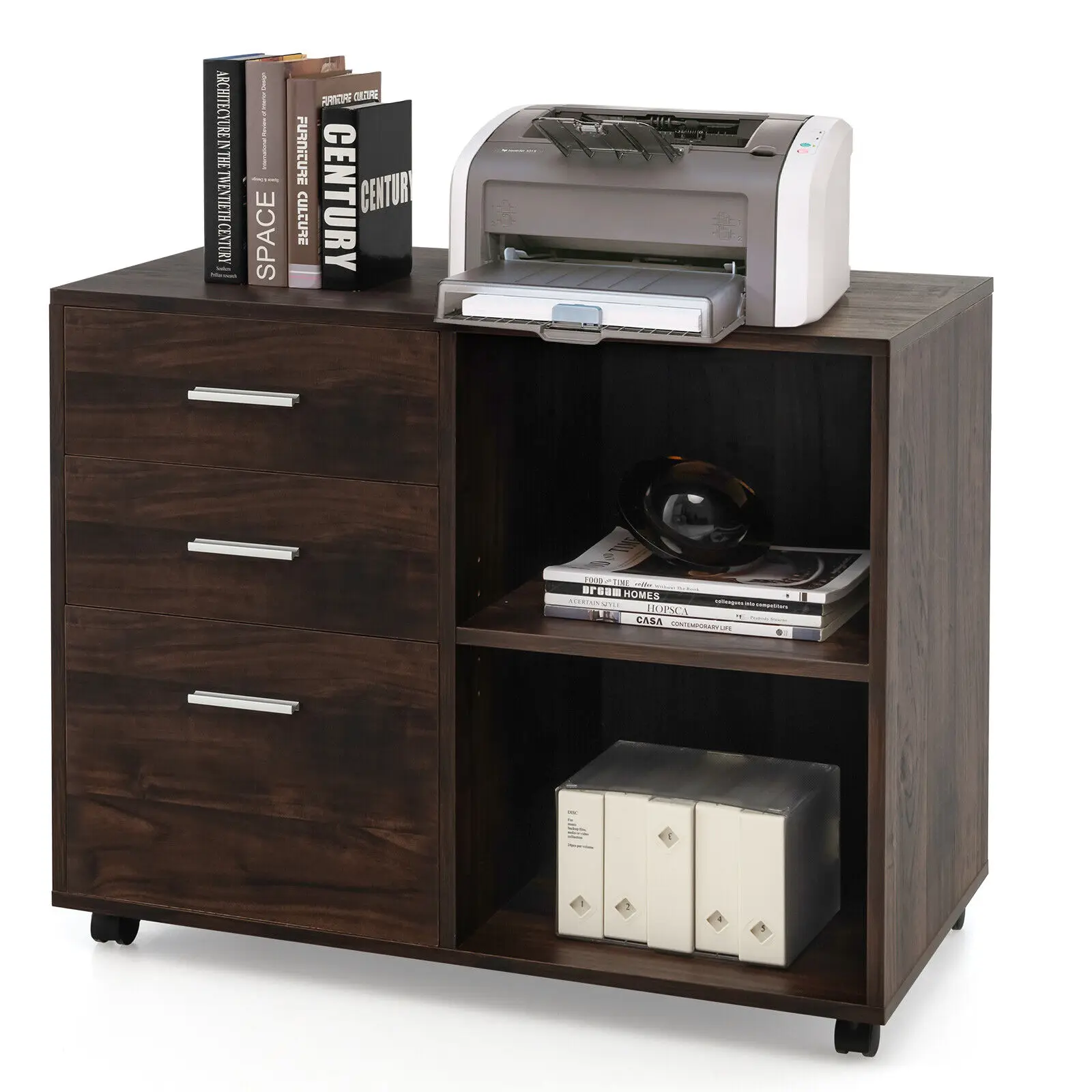Costway 3-Drawer Wood File Cabinet Mobile Lateral Printer Stand w/Open Storage Shelves