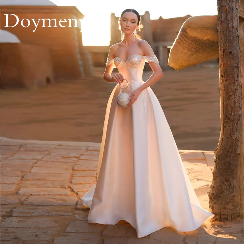 

Doymeny Elegant Off-the-shoulder A-Line Bridal Ball Gown Satin Sweetheart Sequined Belt Lace Up Evening Dress Robe De Mariee
