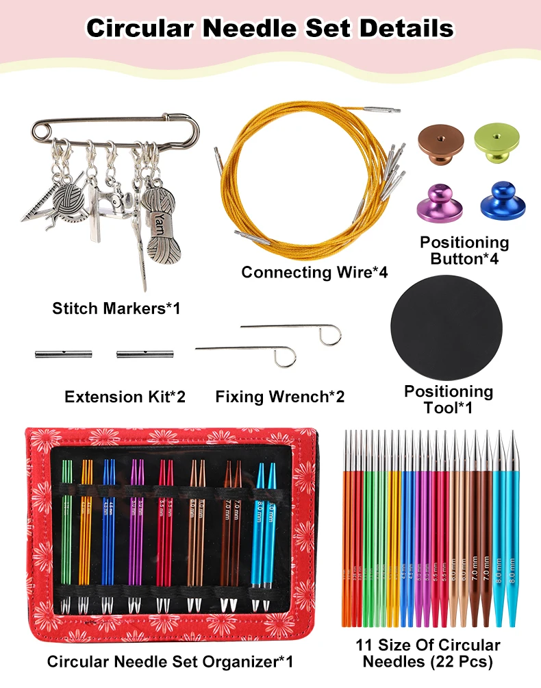 Description Picture 3 of itemQZLKNIT Interchangeable Circular Knitting Needles Sets 22PCS Aluminun Crchet Needles Red Color Bag Sewing Tool Accessories Gift