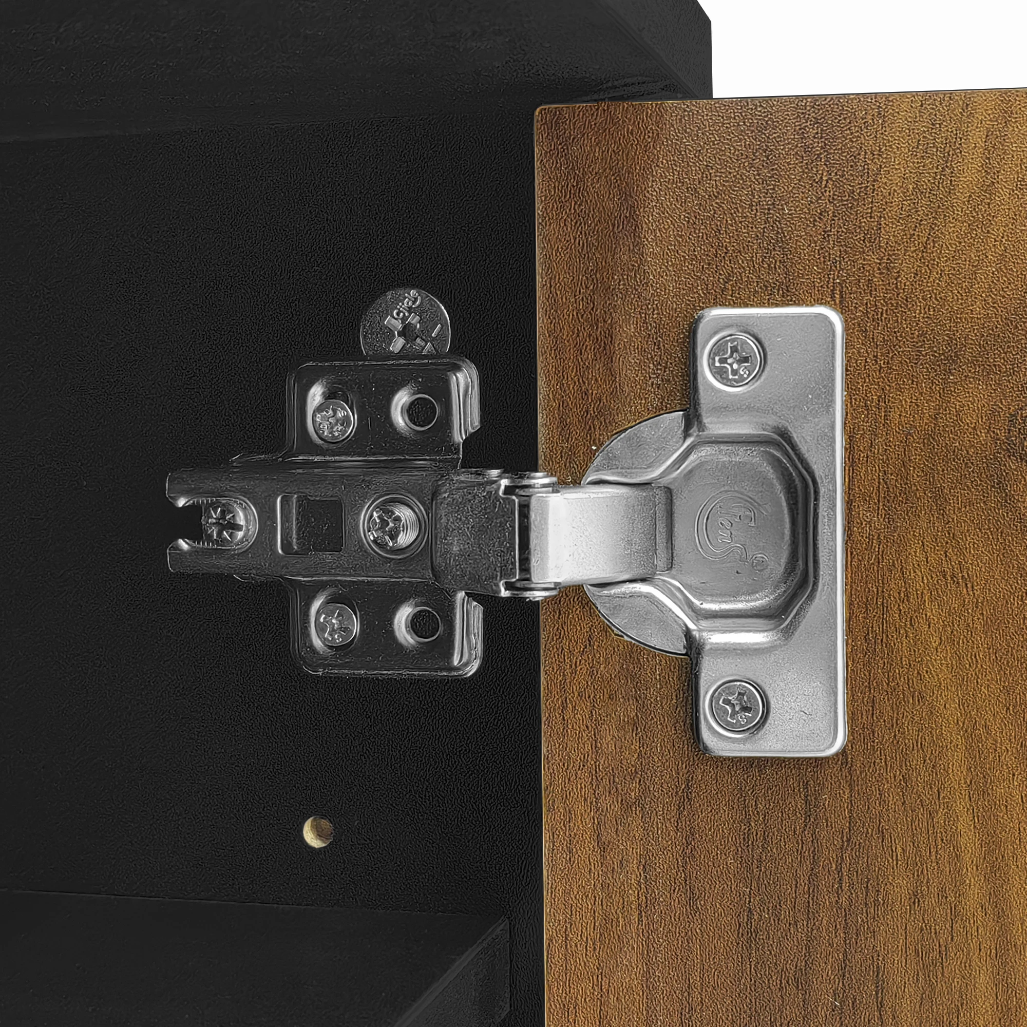 TV-Schrank, Lowboard mit Türpaneelen mit Wasserwellenmuster und drei Schubladen in einem Holz- und schwarzen Farbschema. – Detail 14
