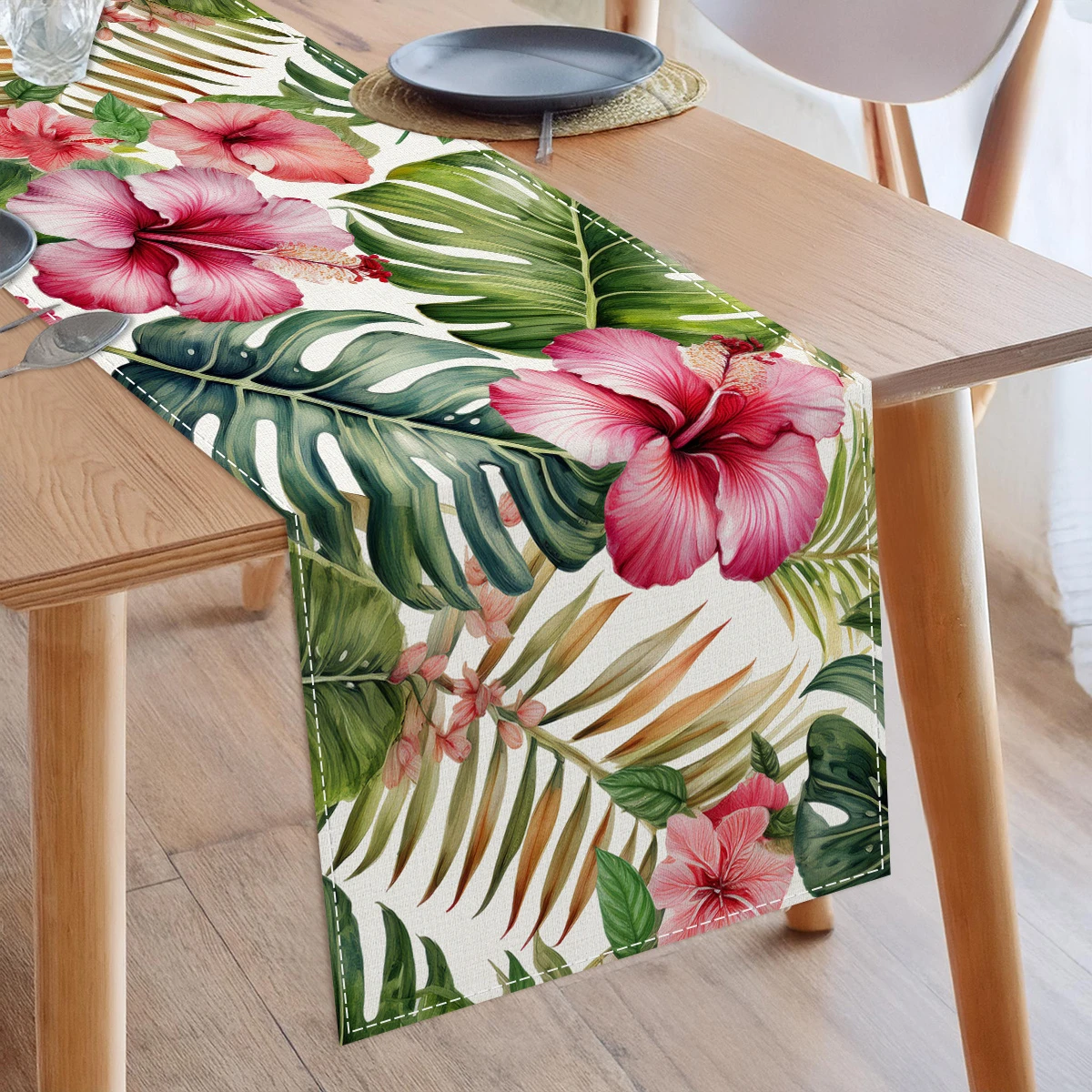 Tropical Floral Leaves Linen Table Runner Wedding Home Party Decor Spring Summer Themed Table Runners Kitchen Dining Table Decor 3