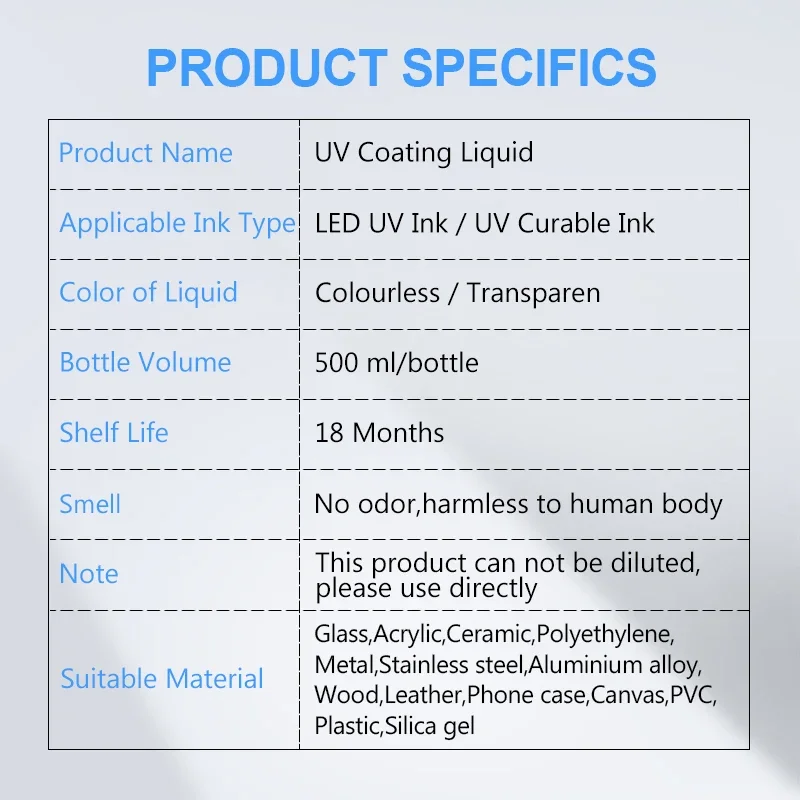 500ML UV 코팅액 UV 전처리 용액 (유리, 목재, 금속, 크리스탈, 가죽, 세라믹, PVC용) 무취