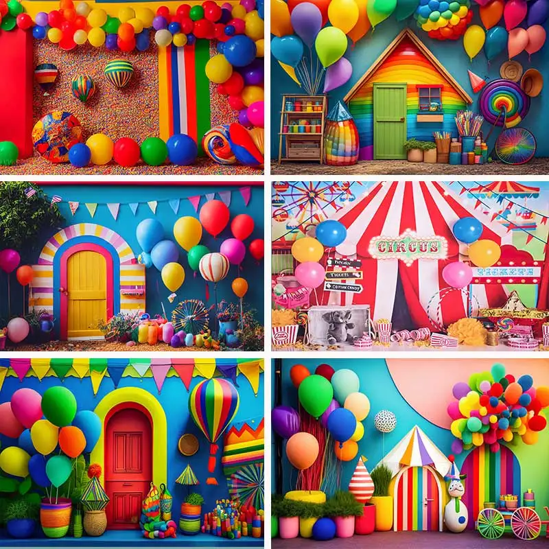 Colorful Circus 3D Backdrops For Baby Cake Smash Photography Photographic Carnival Balloons Decor Backgrounds For Photos Studio