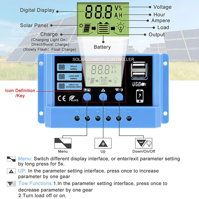 Napelemes Számvevő 12V/24V 30A 20A 10A napelemes Szabályozó PWM Üteg töltő LCD monitor kijelző Viadal USB 5V kimeneti