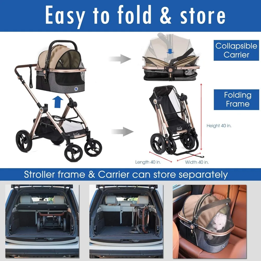 Pet Rover Prime 3-in-1 Luxury Dog/Cat Stroller (Travel Carrier +Car Seat +Stroller) with Detach Carrier/Pump-Free Rubber Tires