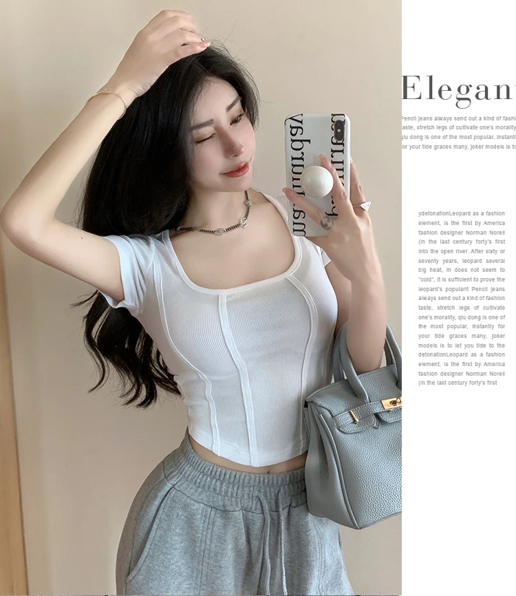 2026 Sommer Neuer Koreanischer Stil Damen T-Shirt Quadratischer Ausschnitt Fischgrätenmuster Slim Fit Kurzarm Crop Top Trendiges Vielseitiges Oberteil – Detail 32