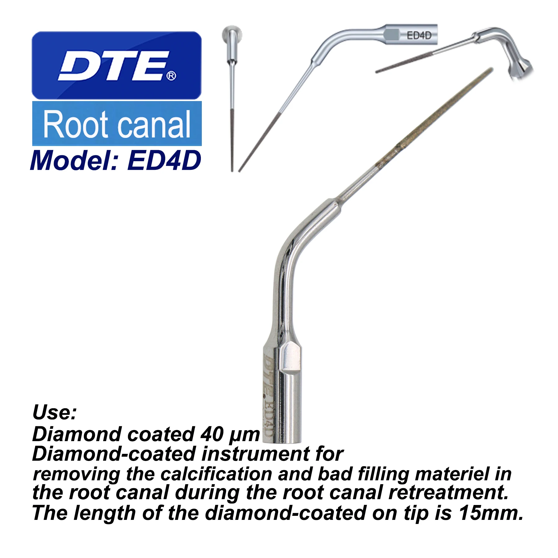 

Woodpecker DTE Dental Ultrasonic Scaler Root Canal Endodontic Diamond Tips ED4D Remove Root Filling Obstructions Fit NSK SATELEC