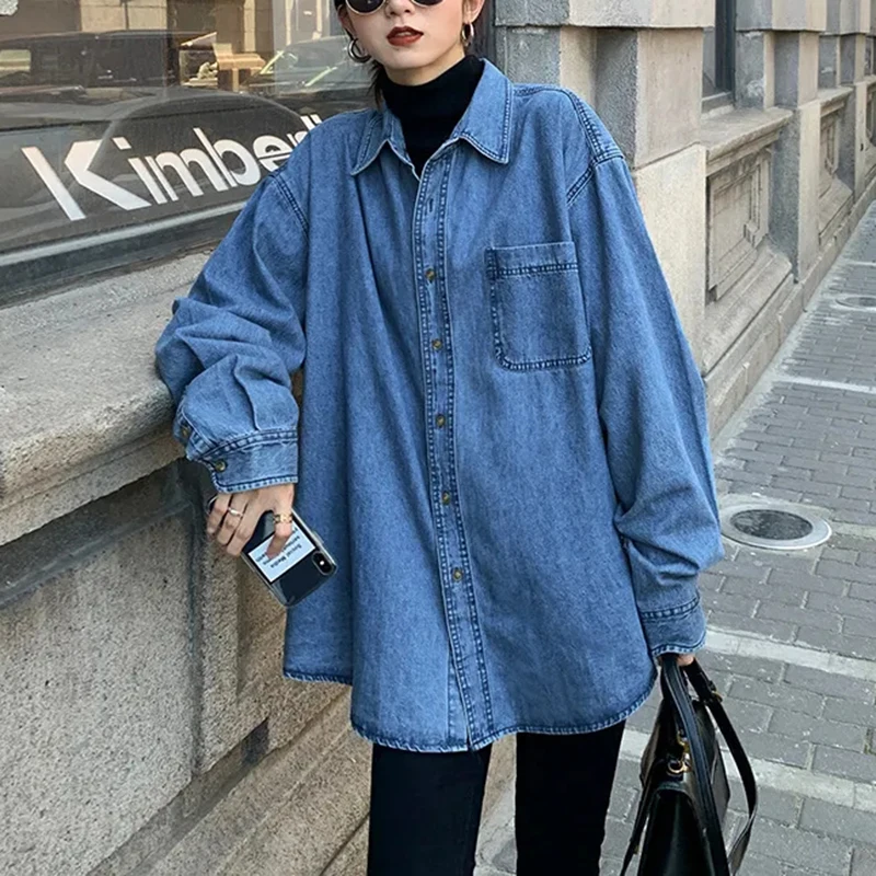 Streetwear Loose Denim Shirts Women Spring Fall Boyfriend Jean Blusas Mujer Korean Fashion Lapel Long Sleeved Blue Blouses