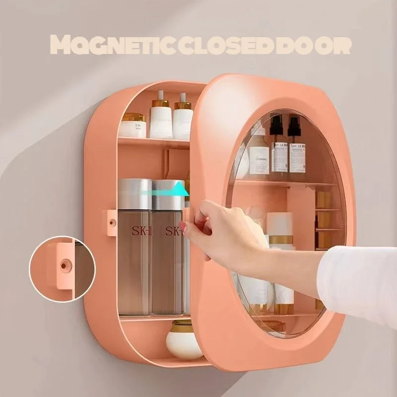 Cosmetic storage box wall-mounted punch-free dust-proof household large-capacity bathroom room bathroom storage rack 4