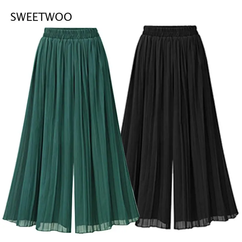 

2022 Summer European Style Pleated Women Wide Leg Pants Loose Chiffon Boho Female Length Pant Elastic Waist Trousers