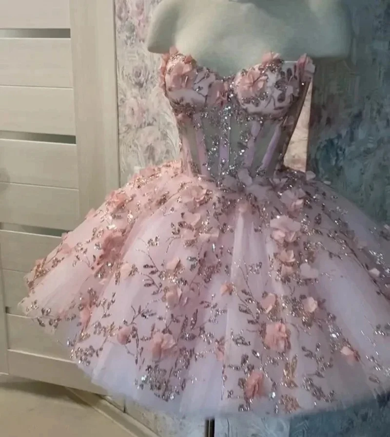 ANGELSBRIDEP Princess Short Ball Gown Quinceanera Dresses Vestidos De Fiesta Sweetheart 3D Flowers Beaded Tulle Robes De Soirée