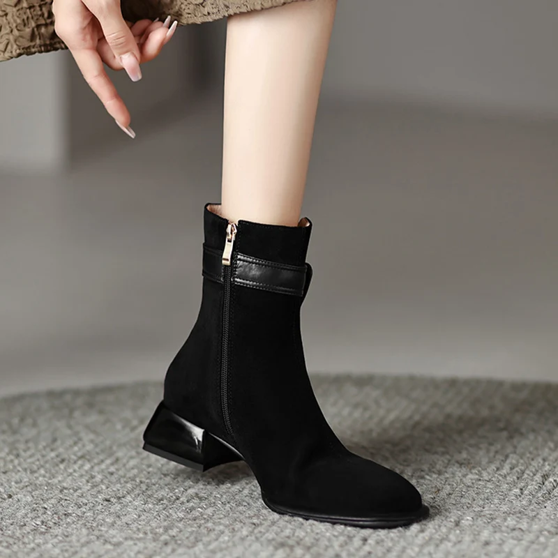 2023 Ankle Boots for Women Spring Autumn PU Leather Fashion Square Heels Zip Black Boots Ladies Boot Women Outdoor Casual New