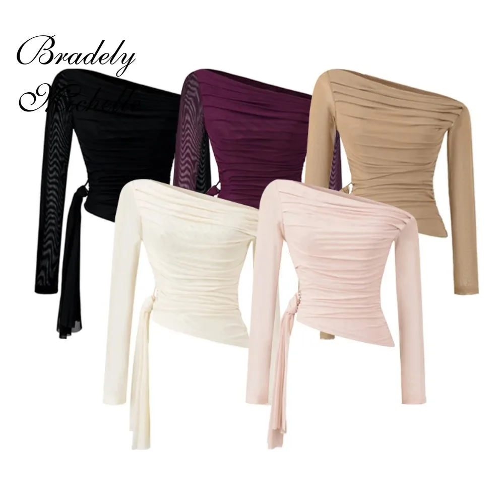 Mesh One Shoulder Long Sleeve Top