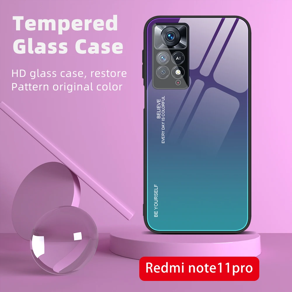2022 New Xiaomi Phone Case For Redmi Note 11Pro 10Pro 10C 9S Pure Color Gradient Tempered Glass Case For POCO X4PRO X3NFC M4PRO