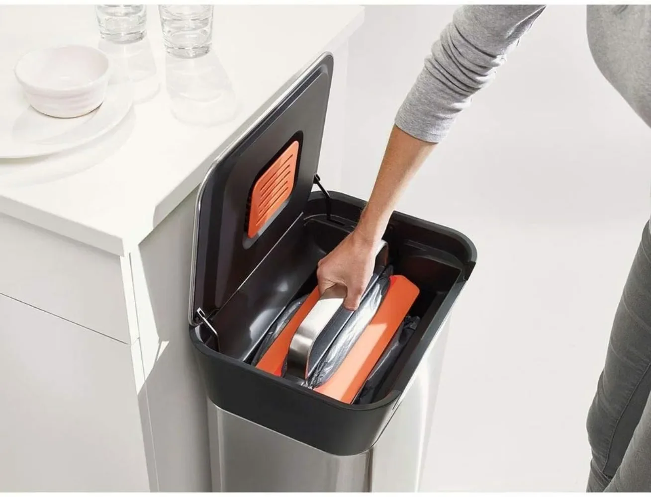 Joseph Joseph Intelligent Waste Titan Trash Can Compactor with Odor Filter, Holds Up to 90L After Compaction Stainless Steel 30L