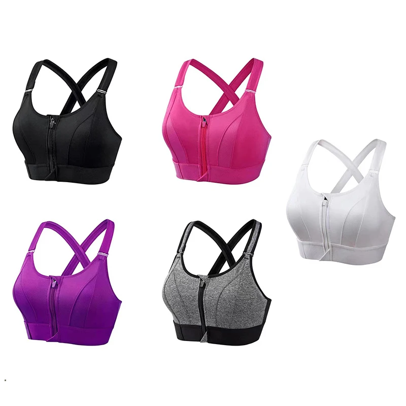 

1pc Women Plus Size Front Zip Sports Bra Shockproof Breathable Non-steel Ring Yoga Top Fitness Push up Athletic Running Vest