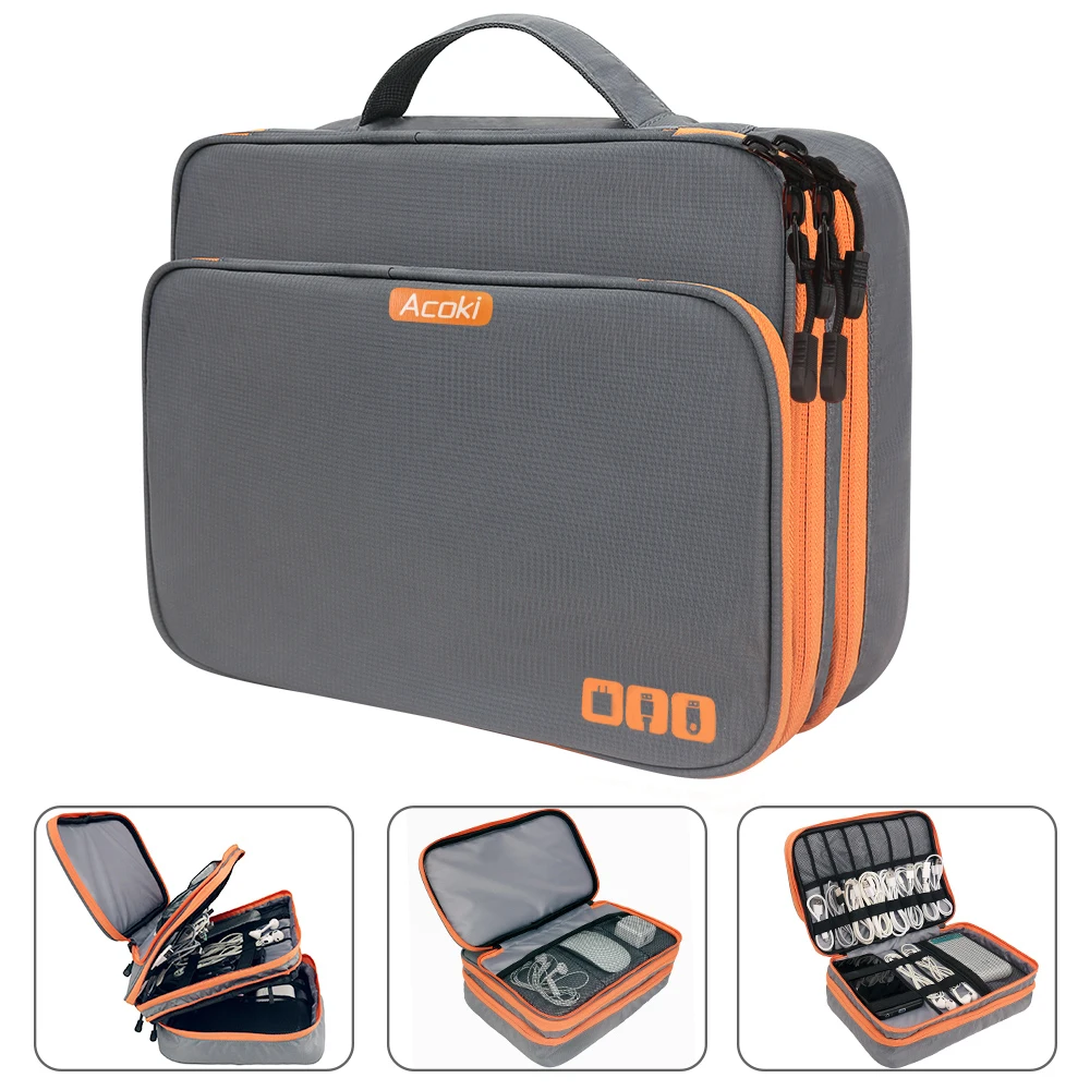 Gocokia Dubbellaagse reisorganizer voor elektronische accessoires, grote capaciteit opslag handtas kabel organizer tas waterdichte draagtas voor 11,6 inch laptop, tablet, SD-kaart, harde schijven