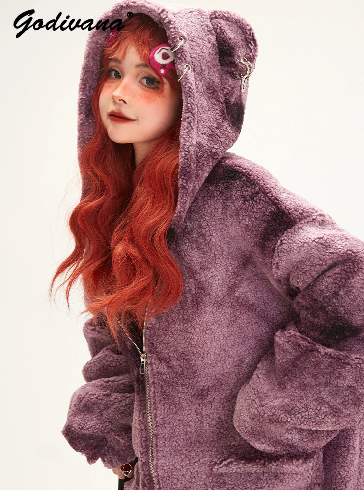 

Purple Lamb Fur Ears Hooded Coat Female Autumn and Winter Loose Casual Parkas Long Sleeve Zipper Thickening Cotton Padded Jacket