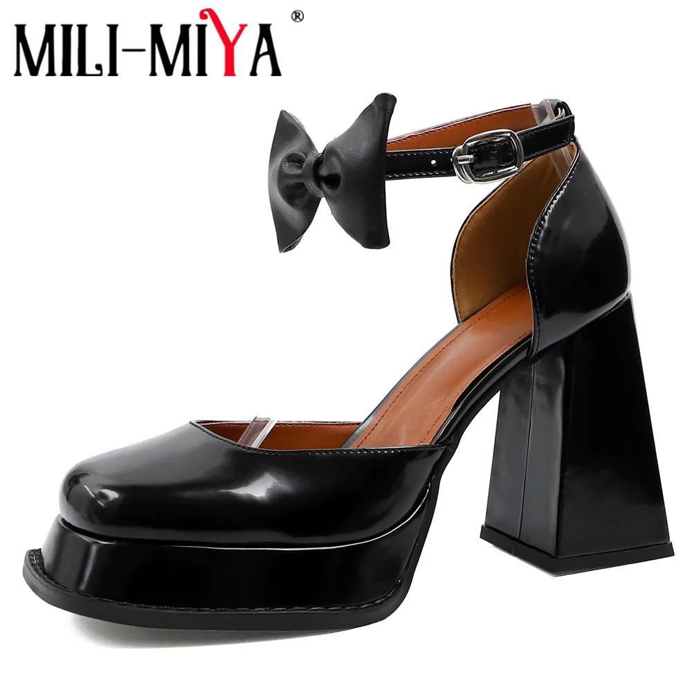 

MILI-MIYA New Arrival Super High Thick Heels Women Cow Leather Pumps Butterfly Knot Round Toe Big Size 34-40 Dress Party Shoes