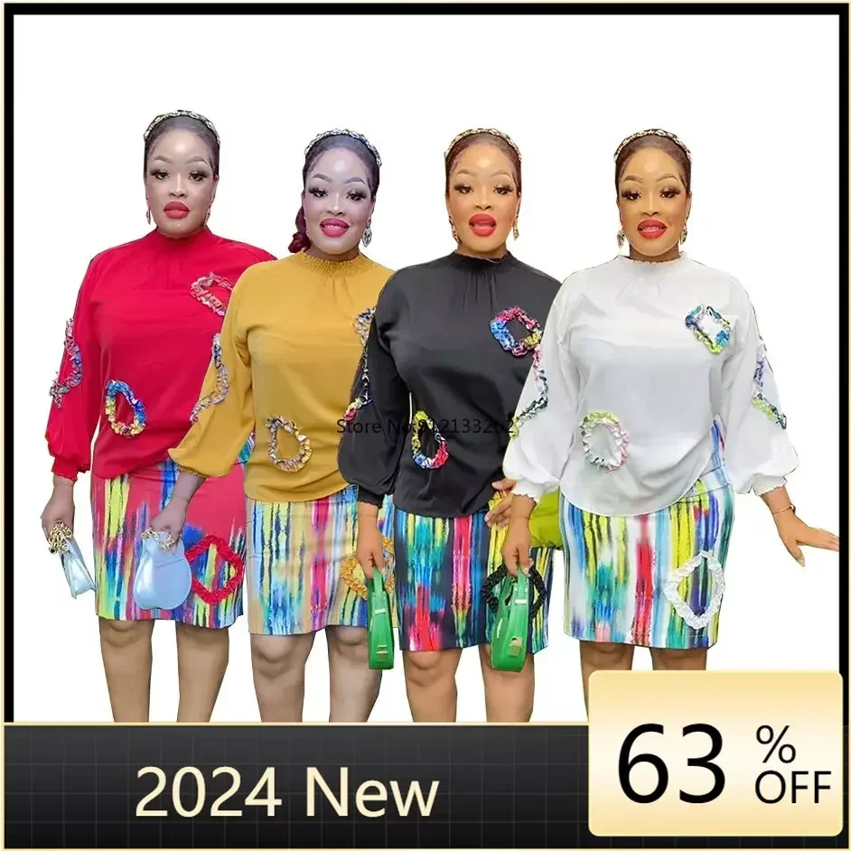 

Spring Summer Dashiki African Matching Skirt Sets Fashion Temperament New Print Long Sleeve Shirt High Waist Slim Skirt Suit