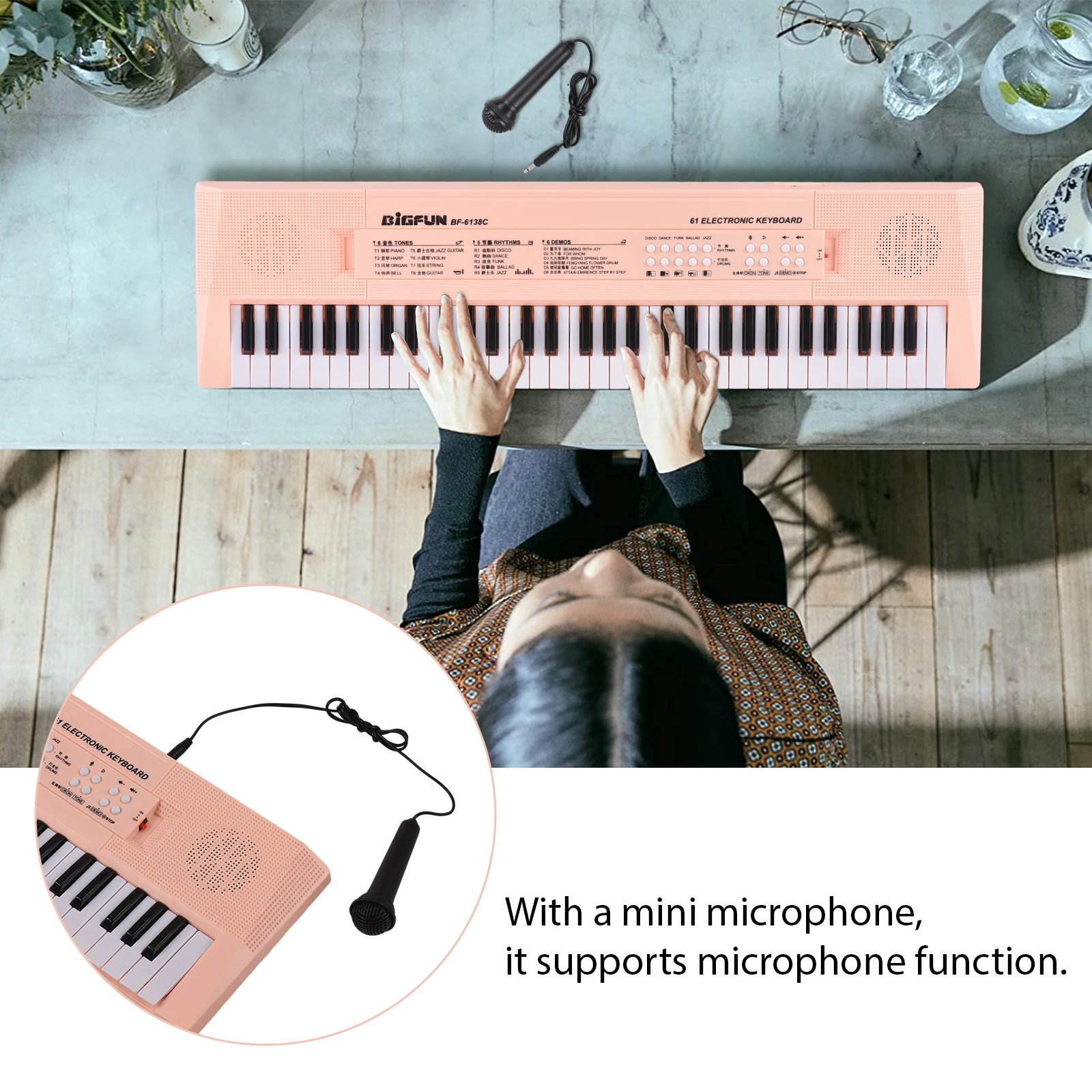 61 Key Electronic Keyboard Piano Musical Instrument with Microphone Dual Power Mode 6 Demonstration Songs