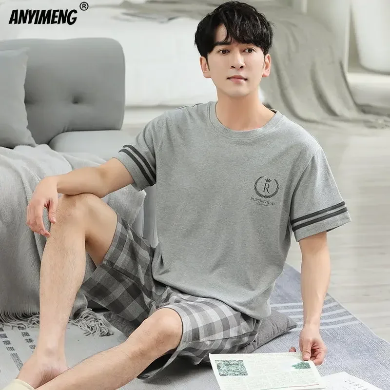 Pajama Sets Big Size L-5XL Mens Sleepwear Summer Cotton Short Sleeves Pajamas Set Casual Loungewear for Man Pullover Leisure Pijamas