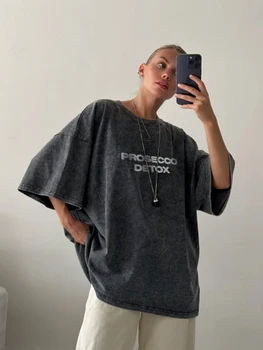 Hirsionsan Y2k 100% Cotton Letter Print  T Shirts Women Summer Sweet Clothes Washed Tees Casual Short Sleeve Basic Female Tops 1