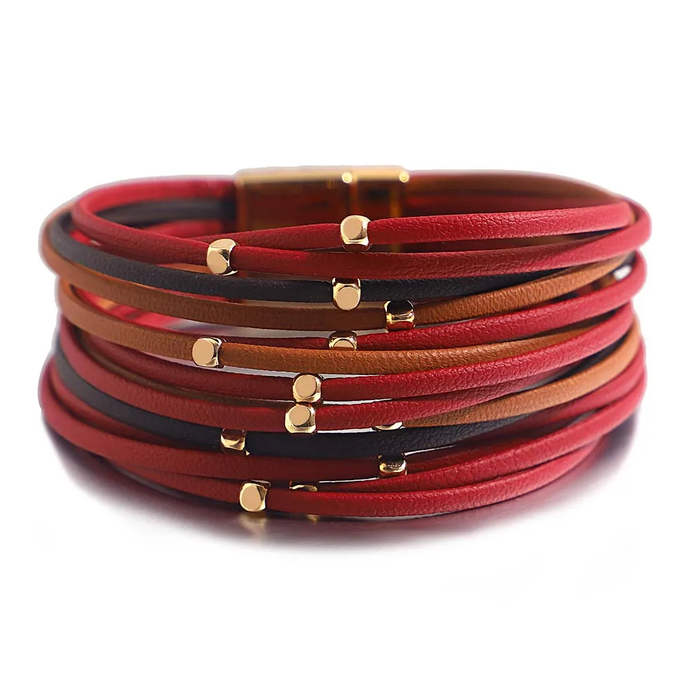ALLYES Metal Beads Genuine Leather Bracelets For Women Men Fashion Slim Strips Boho Multilayer Wide Wrap Bracelet Femme Jewelry leather braided bracelet leather bracelet pearl leather bracelet