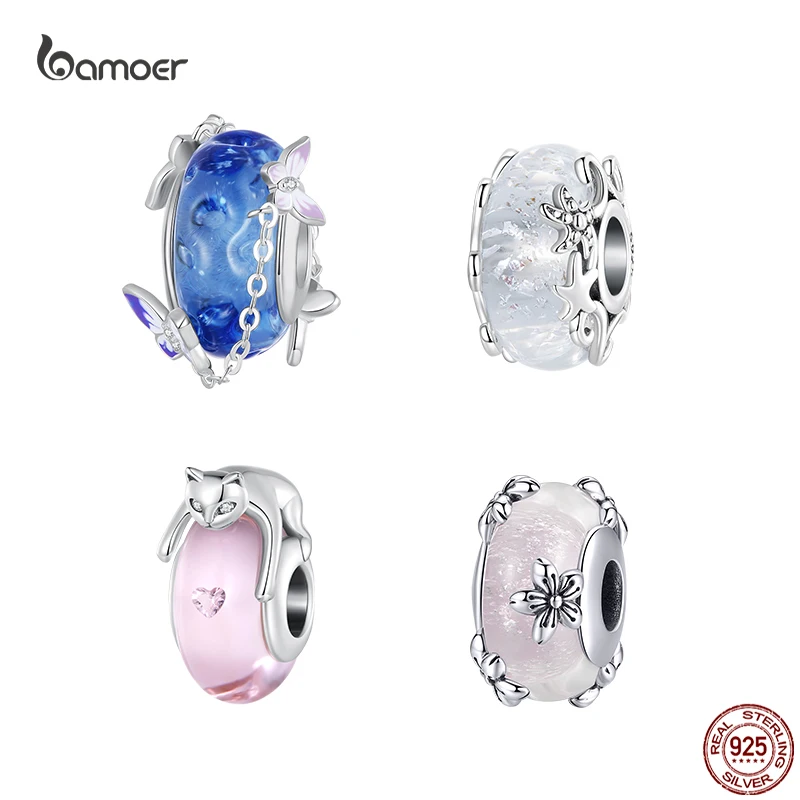 Bamoer 925 Sterling Silver Lovely Pink Cat European Murano Glass Beads Cutterfly Flower Animal Charms Per Bracciali Fai Da Te